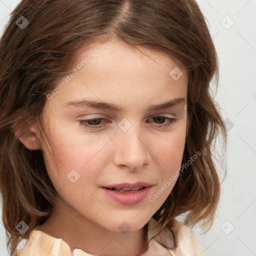 Joyful white child female with medium  brown hair and brown eyes