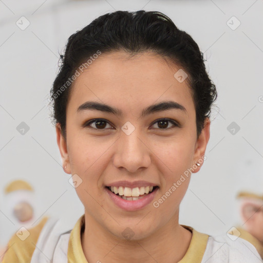 Joyful latino young-adult female with short  brown hair and brown eyes