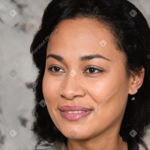 Joyful asian young-adult female with medium  black hair and brown eyes