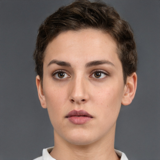 Neutral white young-adult female with short  brown hair and brown eyes