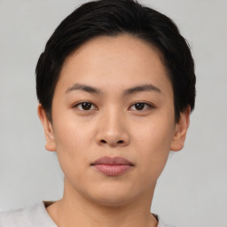 Neutral asian young-adult female with short  black hair and brown eyes