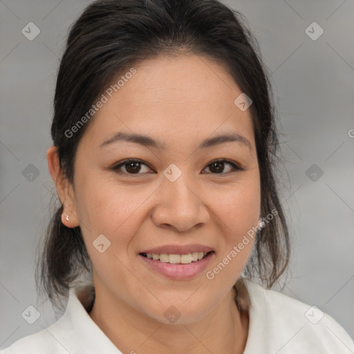 Joyful latino young-adult female with medium  brown hair and brown eyes