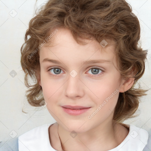 Joyful white child female with medium  brown hair and blue eyes