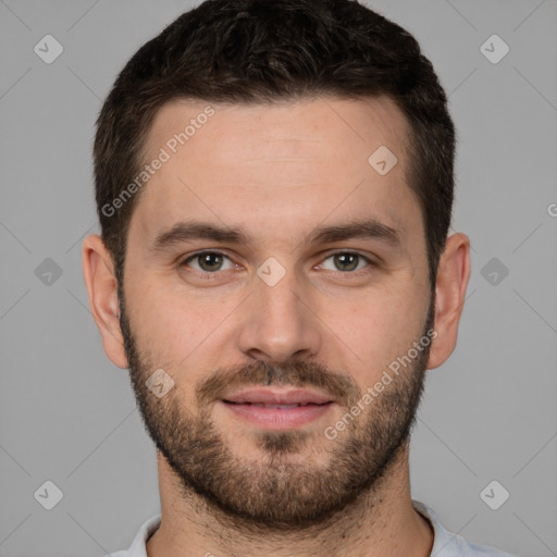 Neutral white young-adult male with short  brown hair and brown eyes