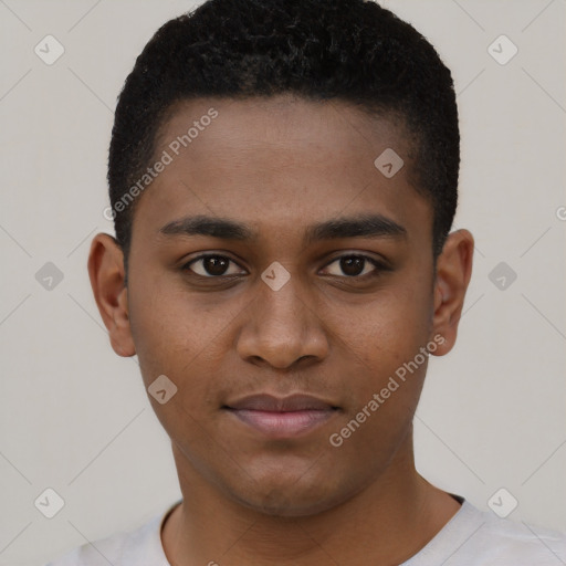Neutral black young-adult male with short  black hair and brown eyes