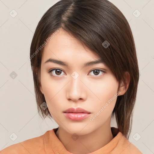 Neutral white young-adult female with medium  brown hair and brown eyes