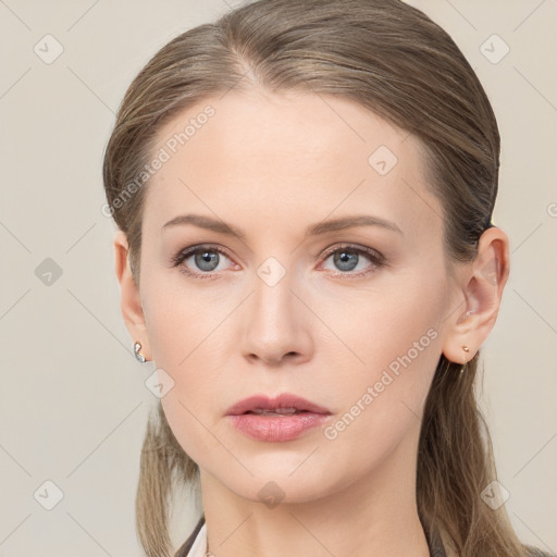 Neutral white young-adult female with long  brown hair and grey eyes