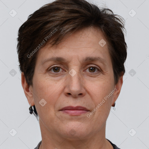 Joyful white adult female with short  brown hair and brown eyes