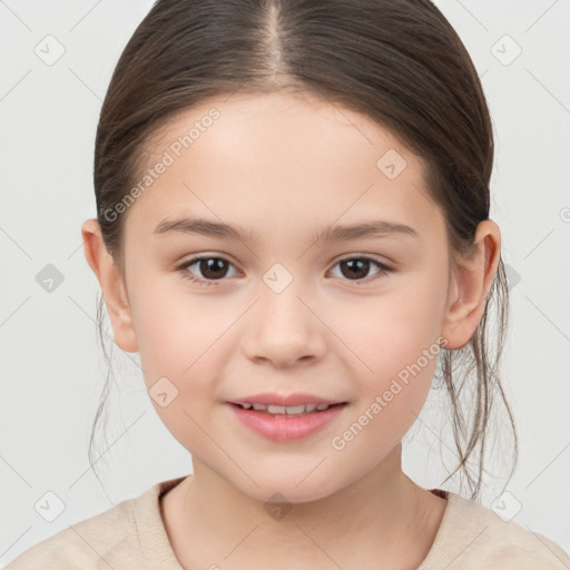 Joyful white child female with medium  brown hair and brown eyes