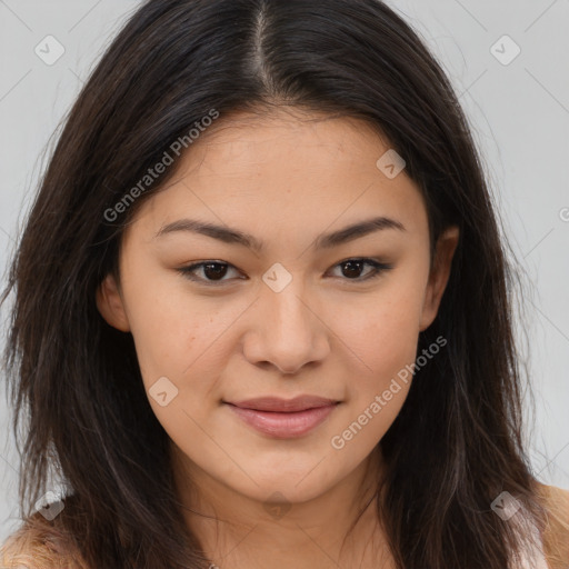 Joyful asian young-adult female with long  brown hair and brown eyes