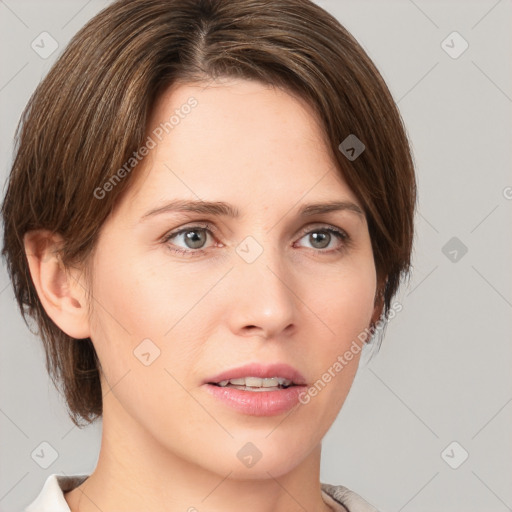 Neutral white young-adult female with medium  brown hair and grey eyes