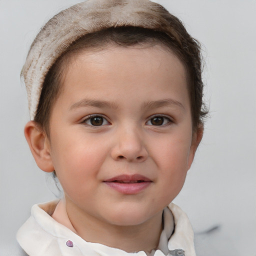 Joyful white child female with short  brown hair and brown eyes