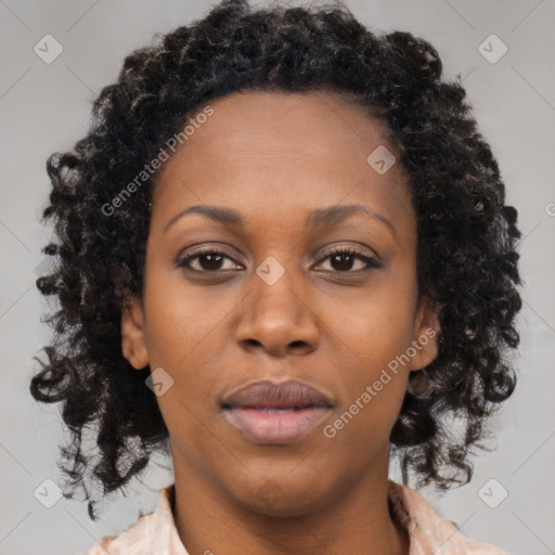 Neutral black young-adult female with medium  brown hair and brown eyes