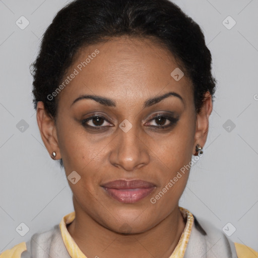 Joyful latino young-adult female with short  brown hair and brown eyes