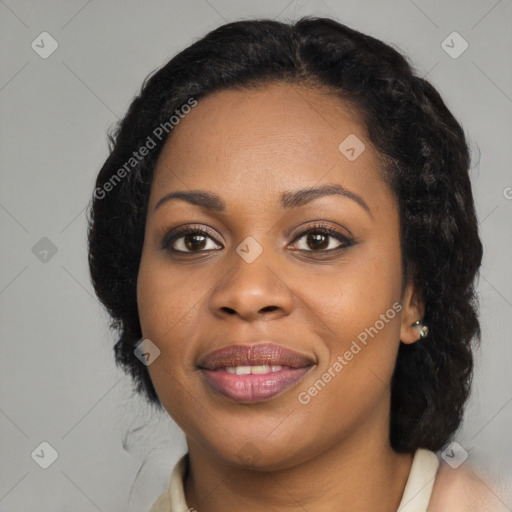 Joyful black young-adult female with medium  black hair and brown eyes