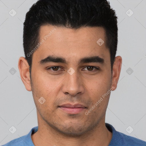 Neutral white young-adult male with short  black hair and brown eyes