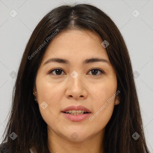 Joyful white young-adult female with long  brown hair and brown eyes