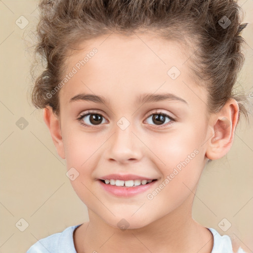 Joyful white child female with short  brown hair and brown eyes