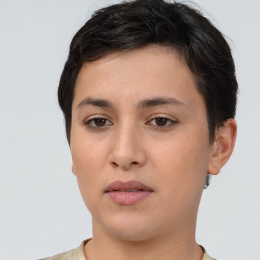 Neutral white young-adult female with short  brown hair and brown eyes