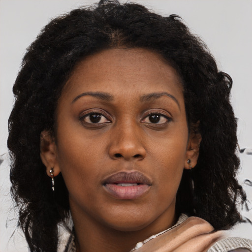 Neutral black adult female with short  brown hair and brown eyes