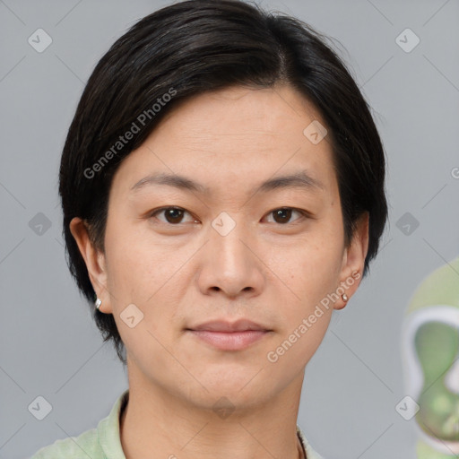 Neutral asian young-adult male with short  brown hair and brown eyes