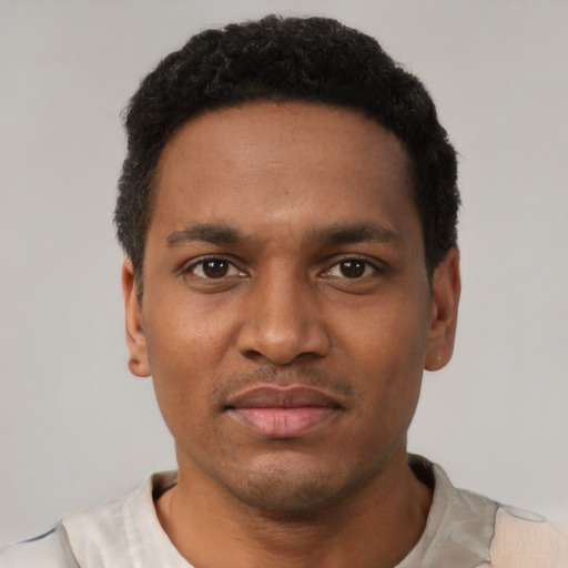 Neutral black young-adult male with short  black hair and brown eyes