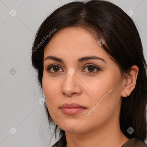 Joyful white young-adult female with medium  brown hair and brown eyes