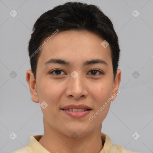Joyful white young-adult female with short  brown hair and brown eyes