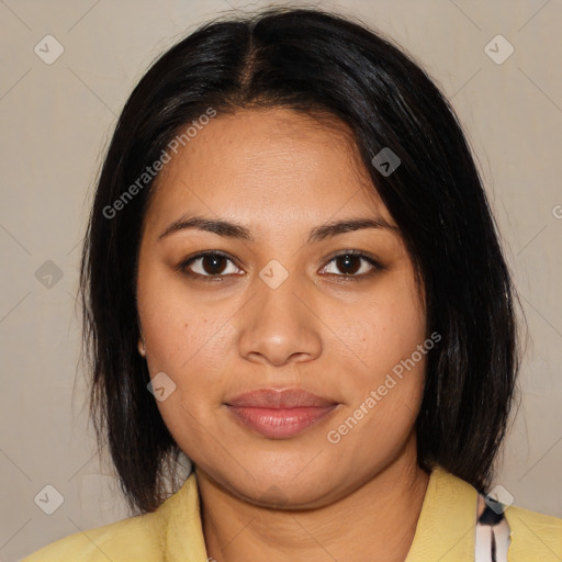 Joyful latino young-adult female with medium  brown hair and brown eyes