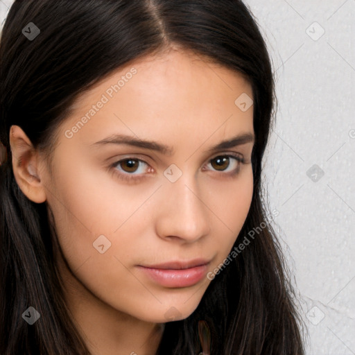 Neutral white young-adult female with long  brown hair and brown eyes