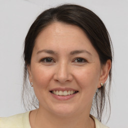 Joyful white adult female with medium  brown hair and brown eyes