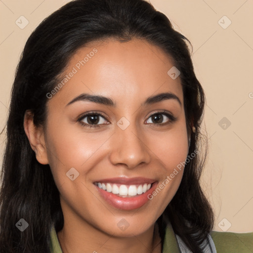 Joyful latino young-adult female with long  brown hair and brown eyes