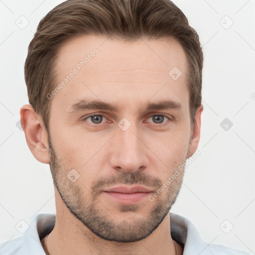 Neutral white young-adult male with short  brown hair and grey eyes