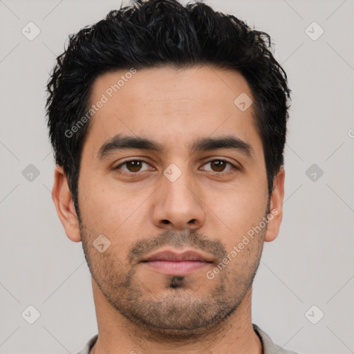 Neutral latino young-adult male with short  black hair and brown eyes