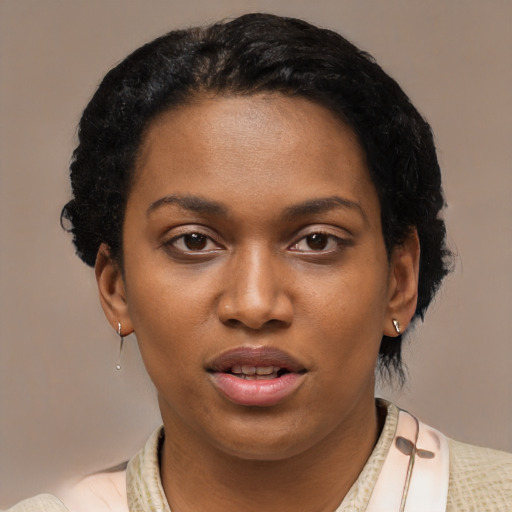 Joyful latino young-adult female with short  black hair and brown eyes