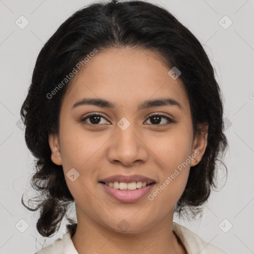 Joyful latino young-adult female with medium  brown hair and brown eyes