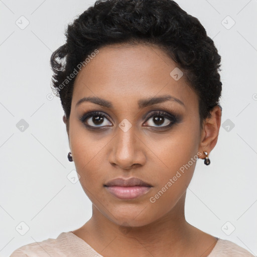 Neutral black young-adult female with short  brown hair and brown eyes