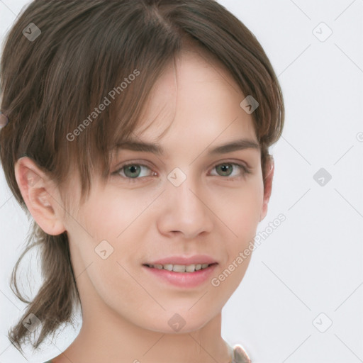 Joyful white young-adult female with medium  brown hair and green eyes