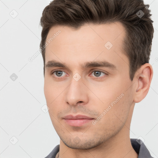 Neutral white young-adult male with short  brown hair and brown eyes