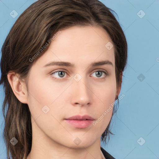 Neutral white young-adult female with medium  brown hair and grey eyes