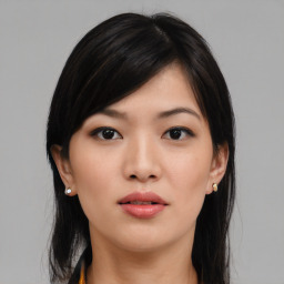 Neutral asian young-adult female with medium  black hair and brown eyes