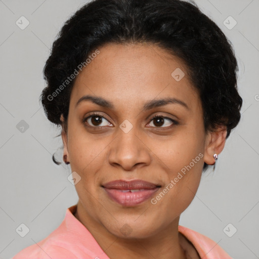 Joyful latino young-adult female with short  black hair and brown eyes