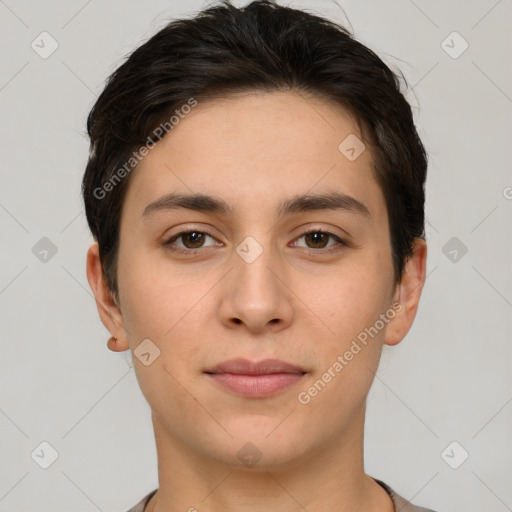 Joyful white young-adult female with short  brown hair and brown eyes