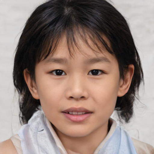 Joyful asian child female with medium  brown hair and brown eyes