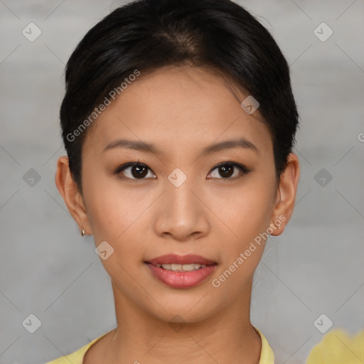 Joyful asian young-adult female with short  brown hair and brown eyes