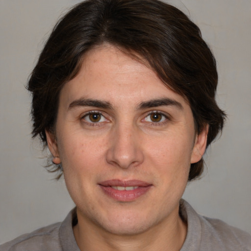 Joyful white adult female with medium  brown hair and brown eyes