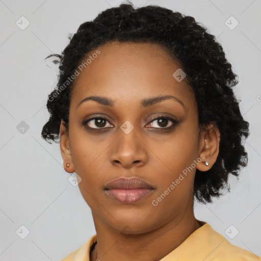 Neutral black young-adult female with short  black hair and brown eyes