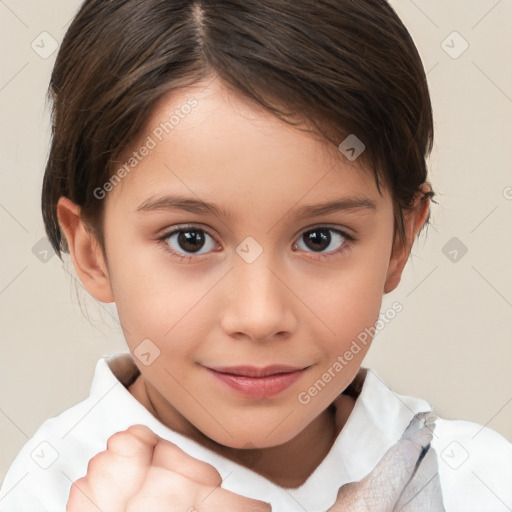 Joyful white child female with short  brown hair and brown eyes