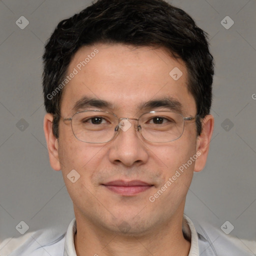 Joyful white adult male with short  black hair and brown eyes