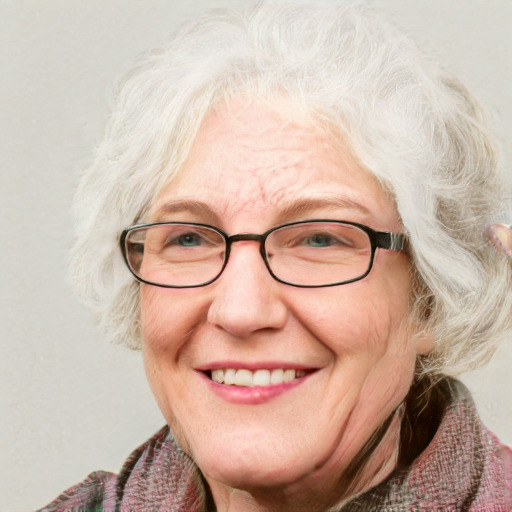 Joyful white middle-aged female with medium  gray hair and blue eyes